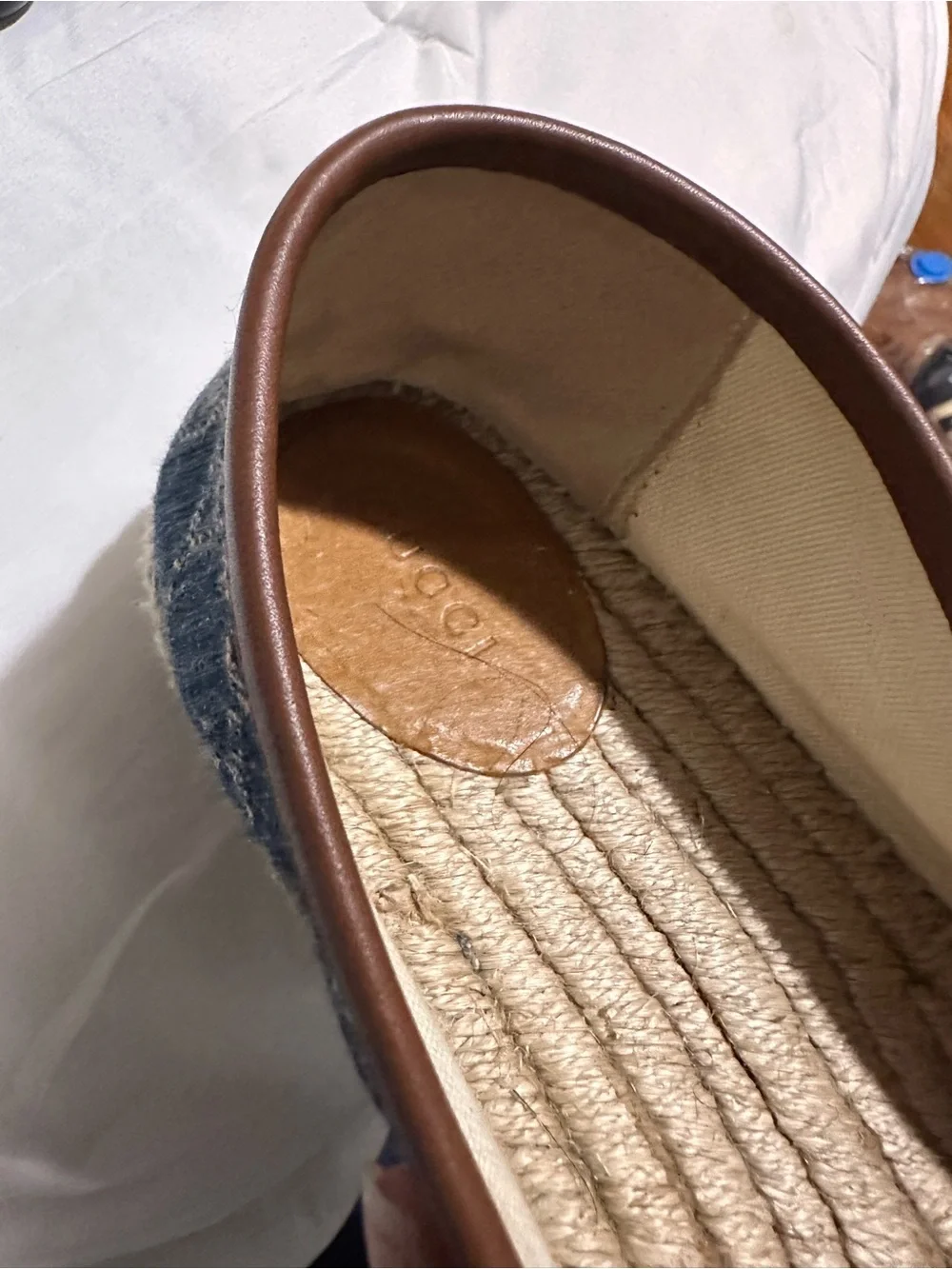 Gucci Blue Denim Monogram Espadrille Loafers with Brown Trim